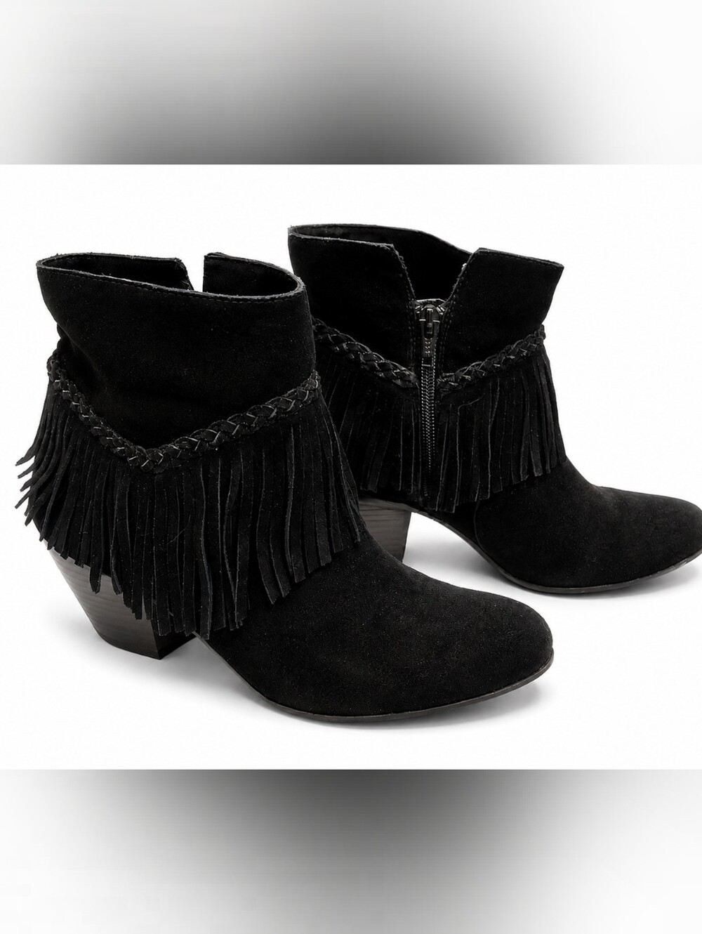 Gianni Bini Black Suede Leather Fringe Ankle Boots 8.5 Western Boho Cowgirl
